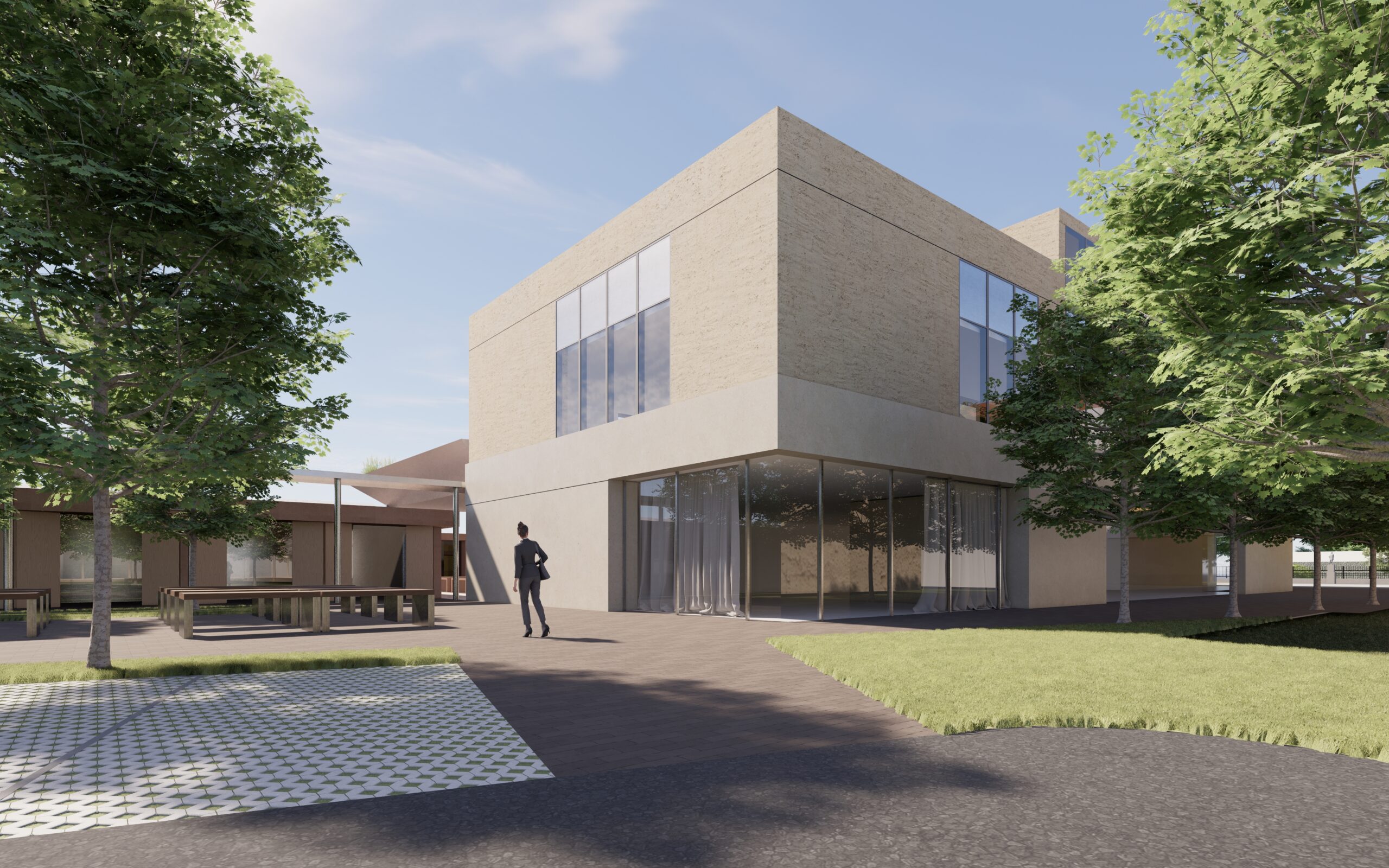 A rendering of a building with a person walking on the sidewalk.