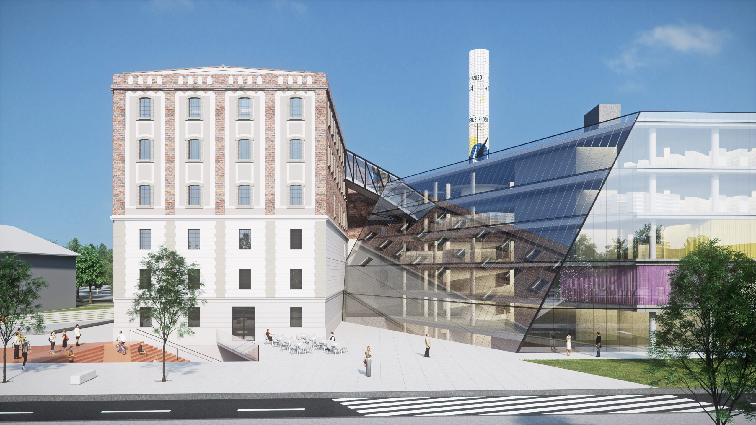 A rendering of a library building with a staircase going up it.