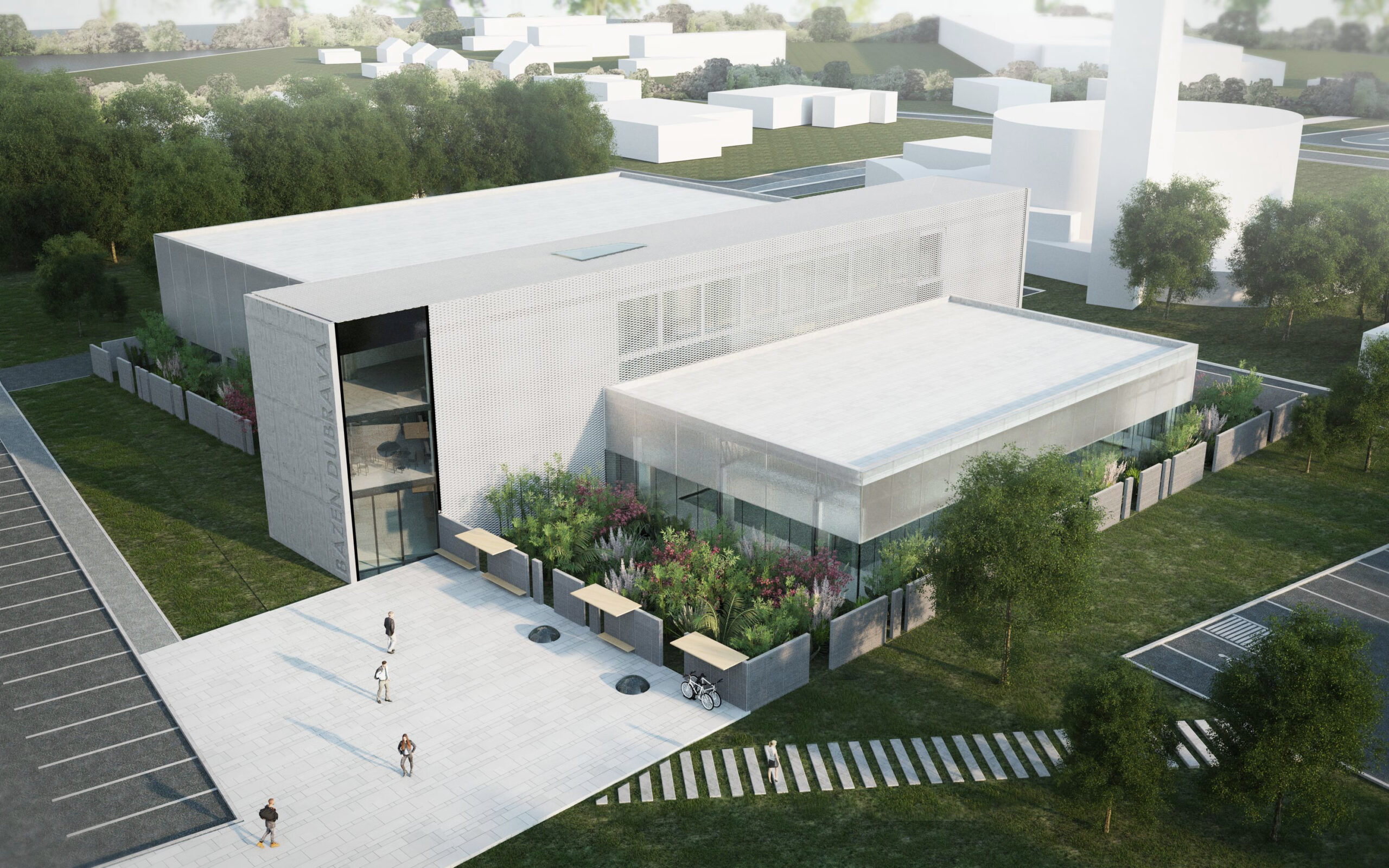 An aerial view of a building with a lot of trees.