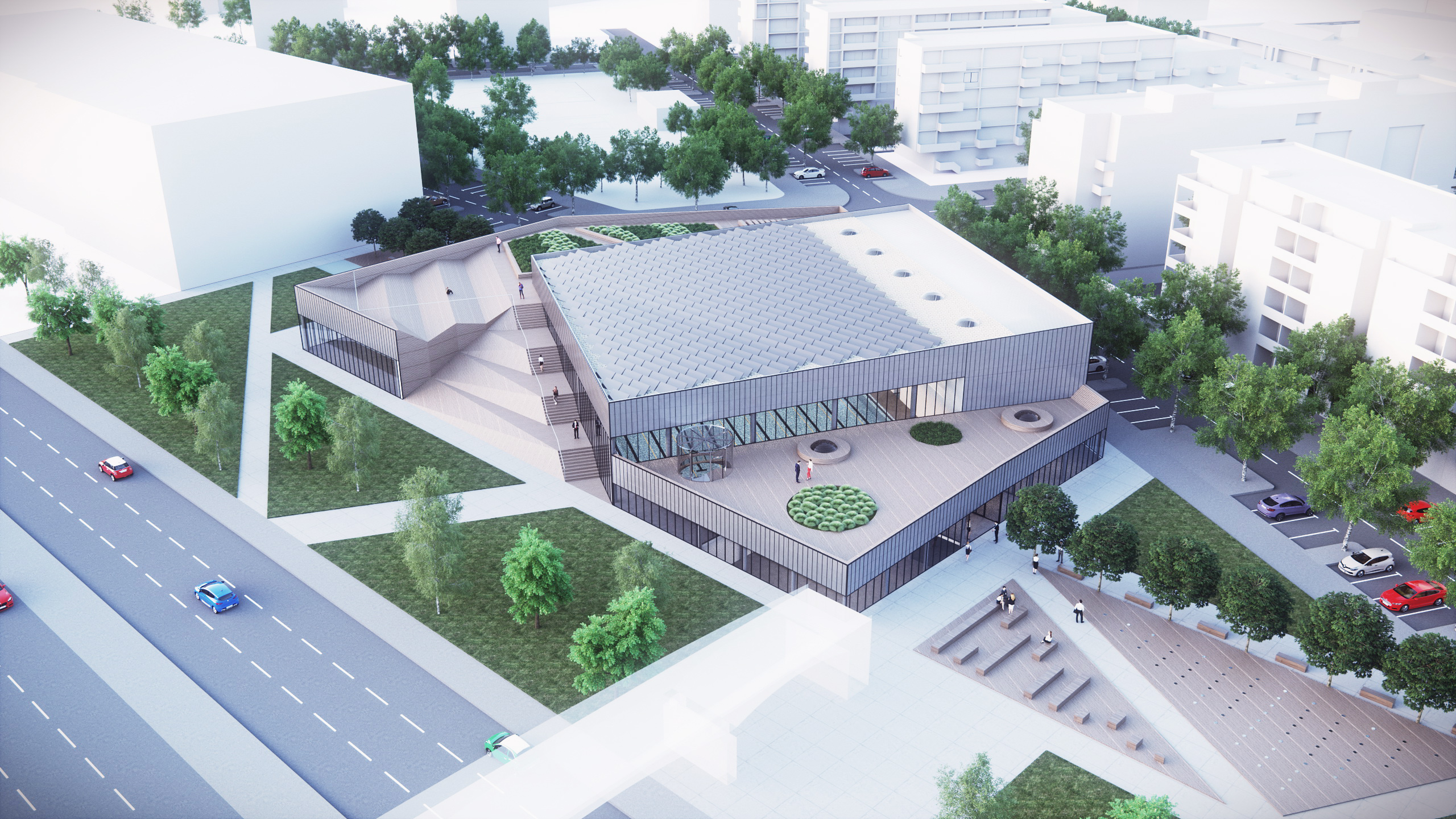An aerial view of a building surrounded by lots of trees.